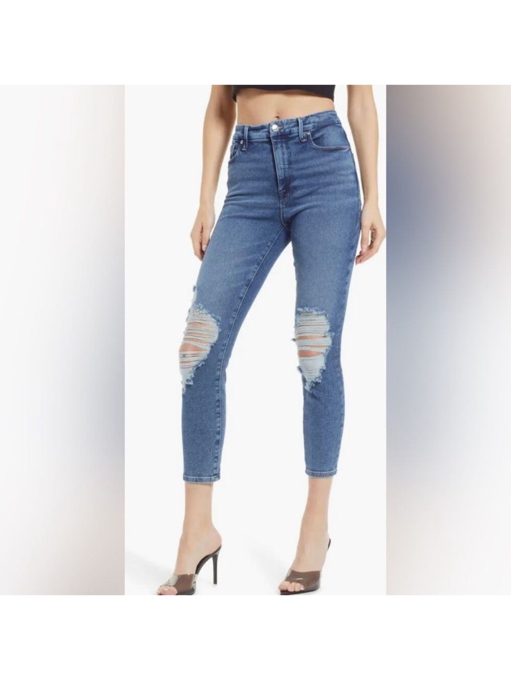Good American Skinny Ripped Jeans in Medium Blue Denim